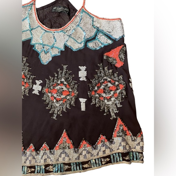 All Saints Spitalfields Luxe Sheer Silk Sequin Native American Southwestern Top - Picture 4 of 8